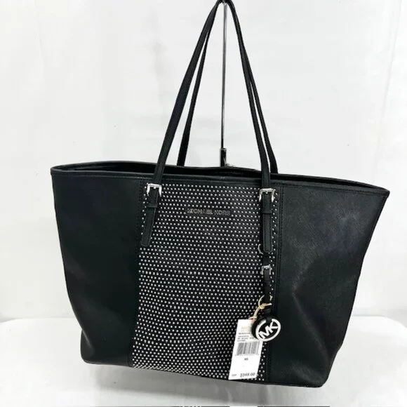 New $348  MICHAEL KORS BLACK STUD LARGE LEATHER TOTE SHOULDER BAG With Scarf (4) - Picture 8 of 13